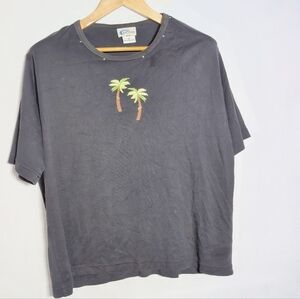 Vintage Las Olas 1X Black T-Shirt with Palm Tree Embroidery Cotton